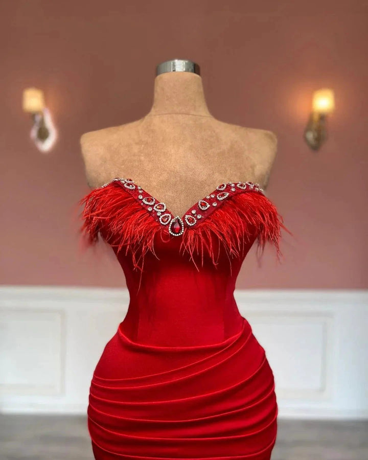 Gorgeous Long Red Column Sweetheart Jewels Prom Dress With Feathers by misshow.com