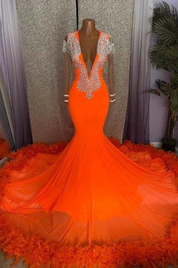 Gorgeous Orange Long Mermaid Tassel V-neck Prom Dress with Sleeves by BIZTUNNEL