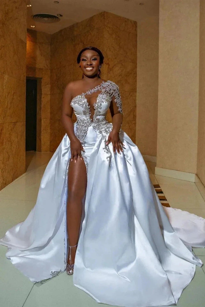 Gorgeous Long A-line Satin One Shoulder Beading Appliques Lace Wedding Dress with Slit by BIZTUNNEL