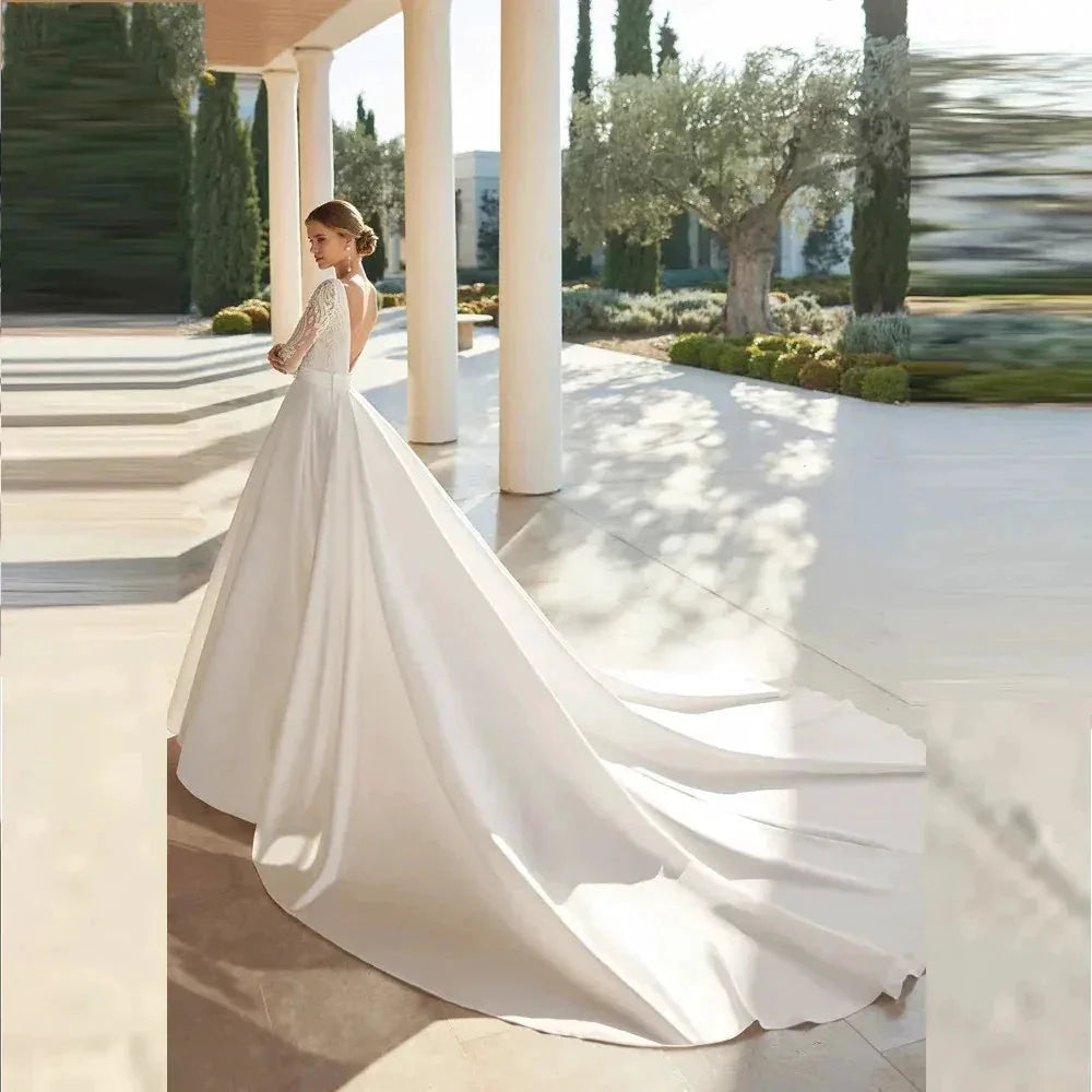 Gorgeous Satin Fascinating Wedding Dresses Beautiful Long Sleeve Simple Elegant Bridal Gowns Sexy Exquisite Lace Appliqued Robe by payinti