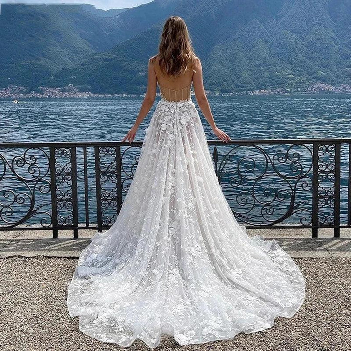 Gorgeous Sexy Off Shoulder Sleeveless High Fork Mopping Wedding Dresses With Split Beach Lace Bride Dresses Backless Custom Made by payinti