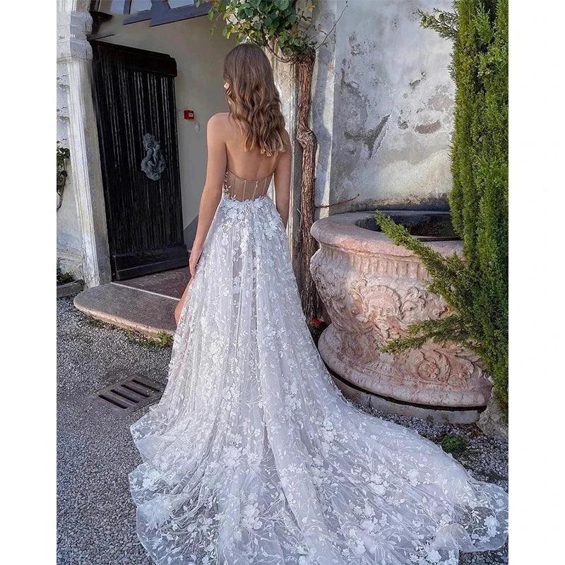 Gorgeous Sexy Off Shoulder Sleeveless High Fork Mopping Wedding Dresses With Split Beach Lace Bride Dresses Backless Custom Made by payinti