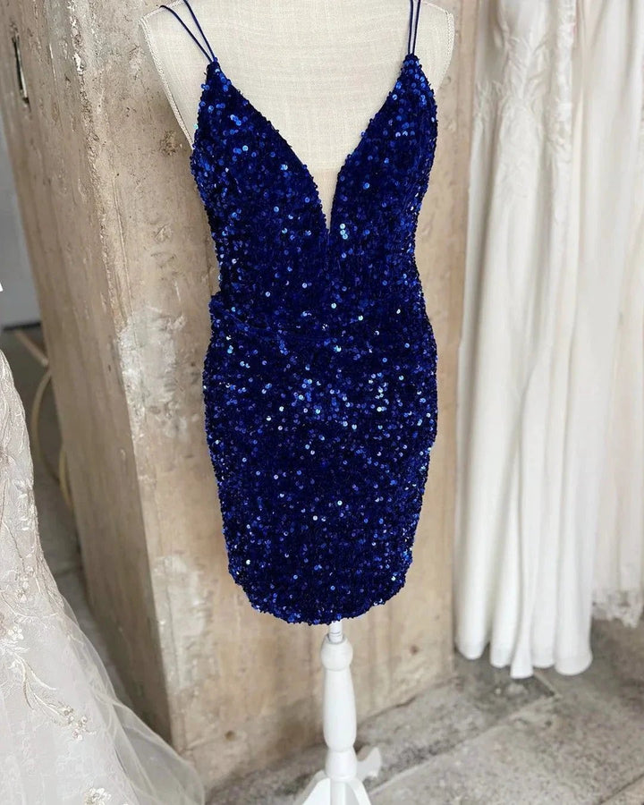 Gorgeous Short Sequined Spaghetti Straps V-neck Tight Homecoming Dress by misshow.com