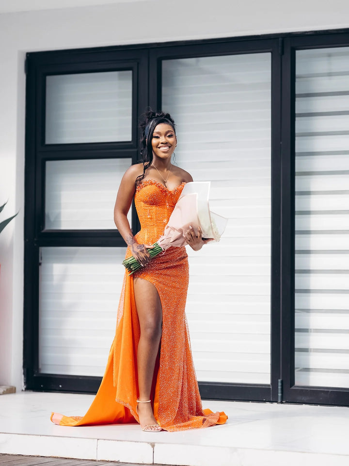 Glitter Strapless Mermaid Sequined Long Prom Dress with Slit
