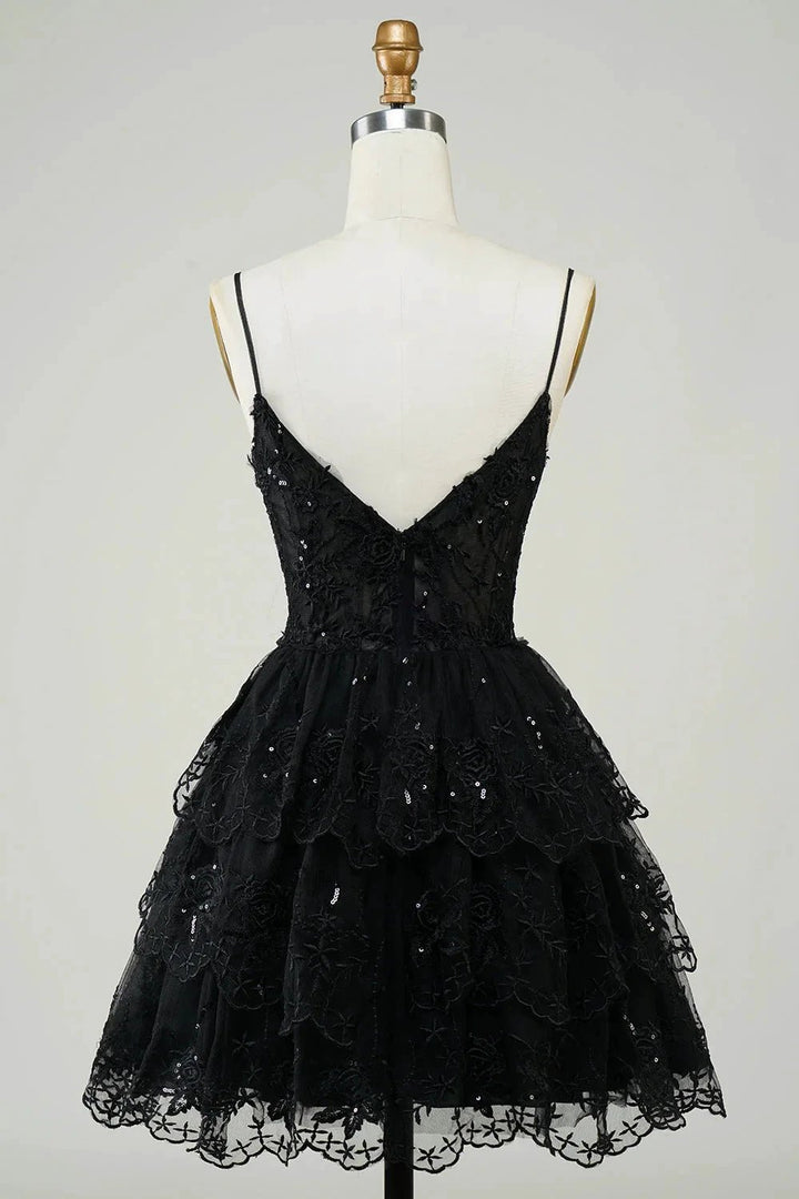Cute Black A Line Sparkly Sequin Tiered Corset Short Homecoming Dress by WEDTREND