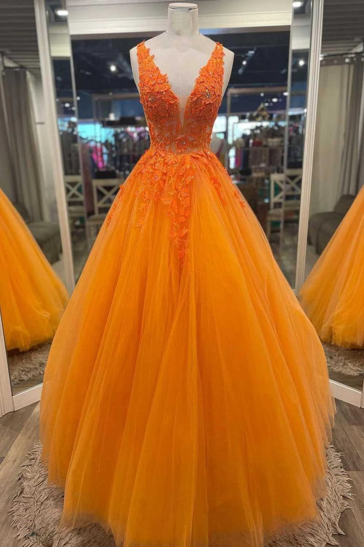 Gorgeous Orange V-Neck Floral Tulle Long Prom Dress PSK360 by pgmdress