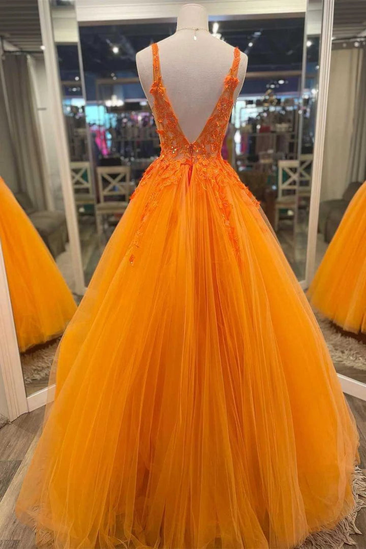 Gorgeous Orange V-Neck Floral Tulle Long Prom Dress PSK360 by pgmdress