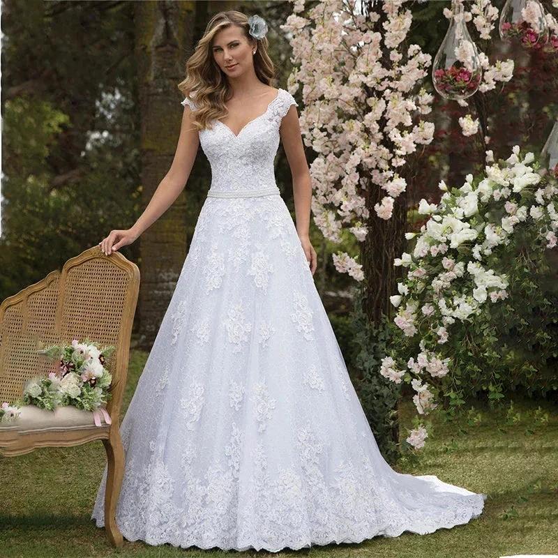 Graceful Tulle &amp; Lace V-neck Neckline A-line Wedding Dresses With Appliques &amp; Beadings Sash Bridal Grown Vestido De by payinti