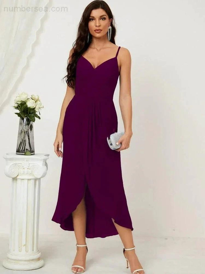 Numbersea Spaghetti Chiffon V Neck Bridesmaid Dress Mid-Length Slit Formal Prom Dress Homecoming Dress 2803 by numbersea