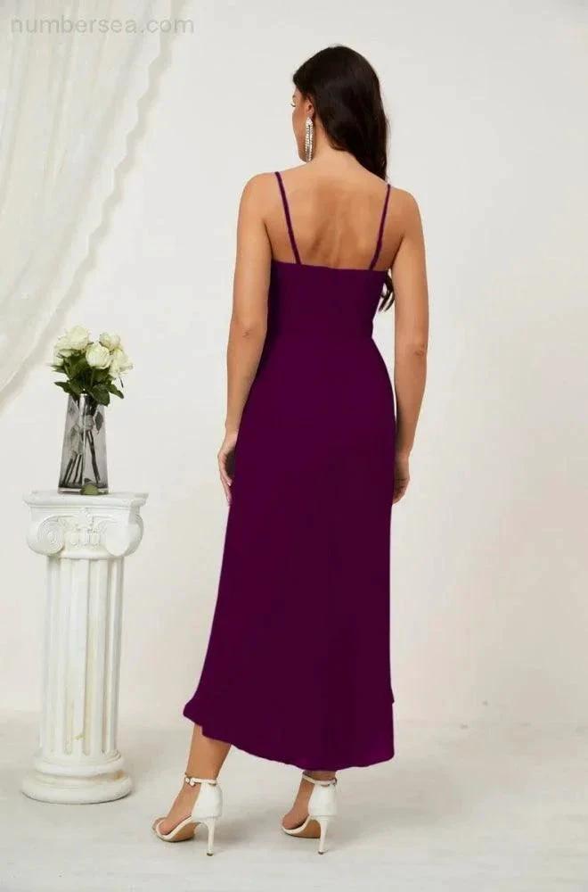 Numbersea Spaghetti Chiffon V Neck Bridesmaid Dress Mid-Length Slit Formal Prom Dress Homecoming Dress 2803 by numbersea