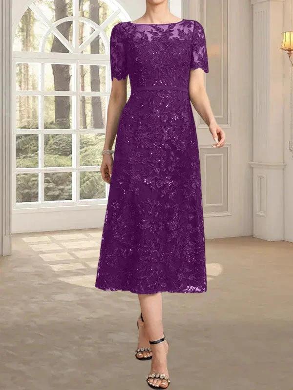 A-line Scoop Illusion Tea-Length Lace Mother of the Bride Dress With Sequins by Dreamylily