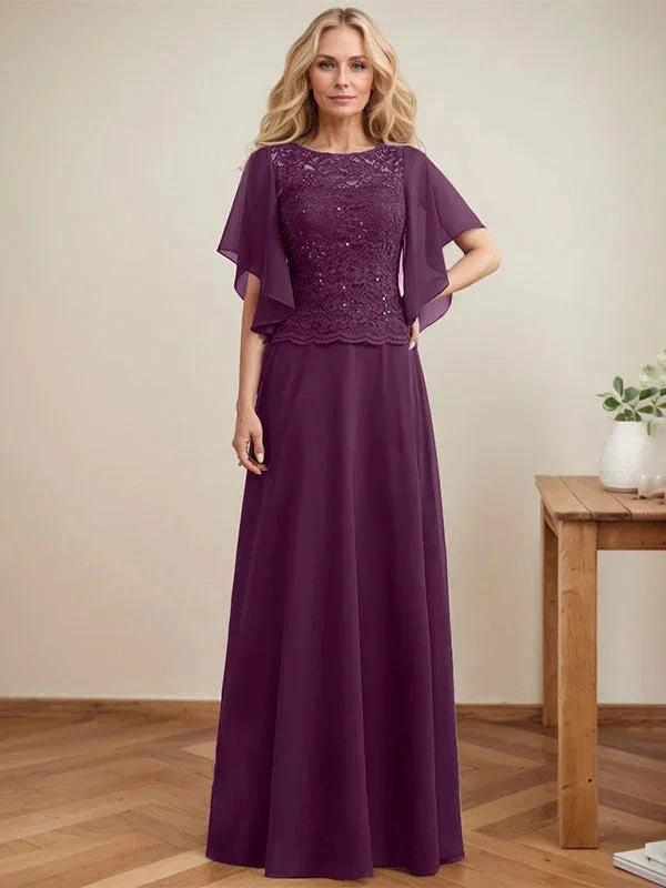 A-line Scoop Illusion Floor-Length Lace Chiffon Mother of the Bride Dress With Sequins by Dreamylily