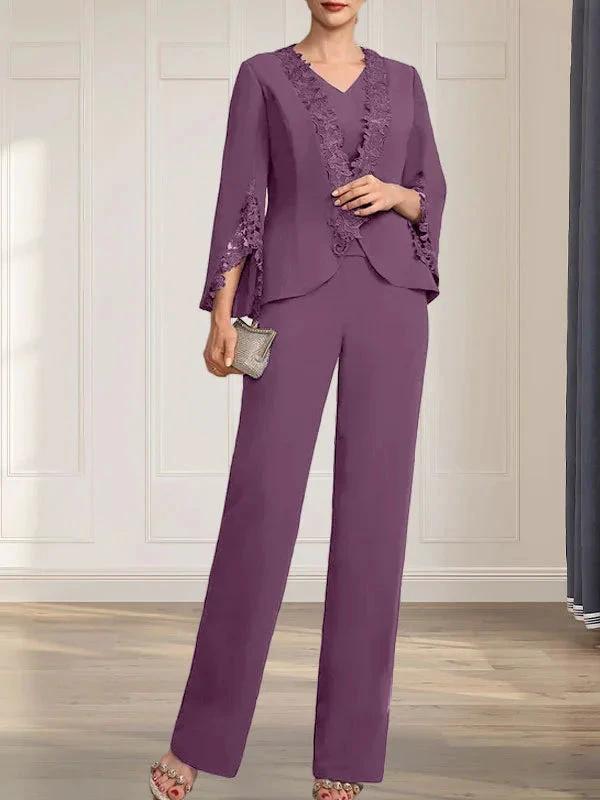 Separates Jumpsuit/Pantsuit V-Neck Floor-Length Chiffon Mother of the Bride Dress by Dreamylily