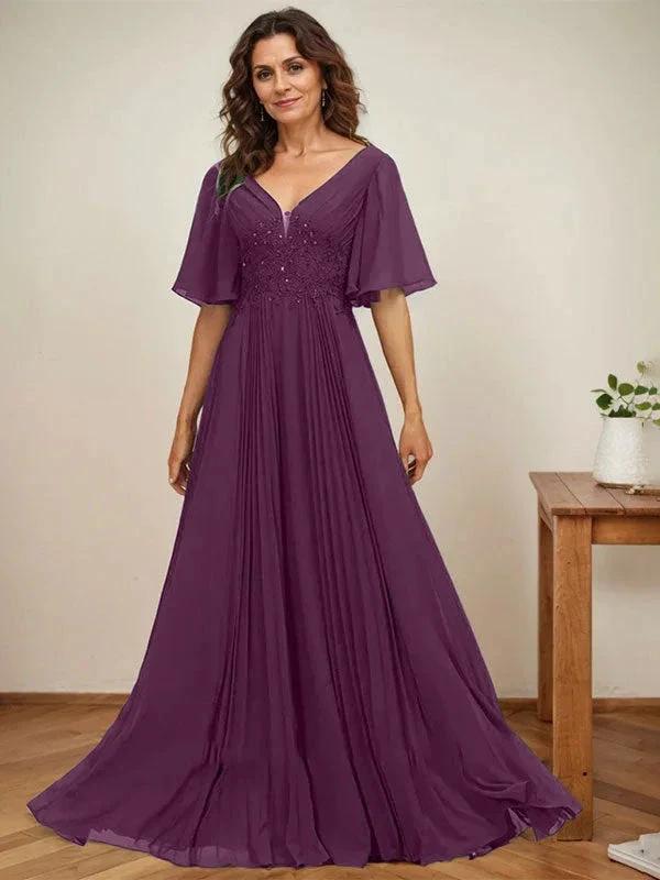 A-line V-Neck Floor-Length Chiffon Mother of the Bride Dress With Sequins Appliques Lace Pleated by Dreamylily