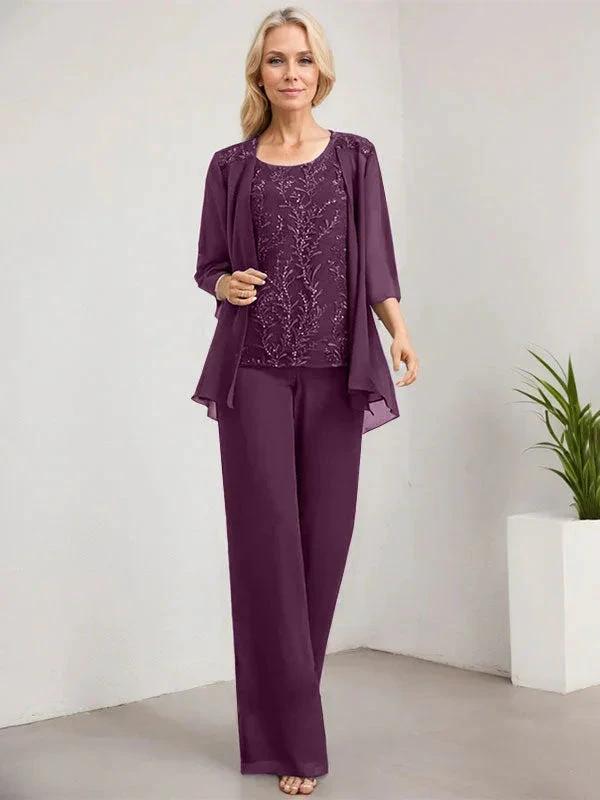 Separates Jumpsuit/Pantsuit Scoop Floor-Length Lace Chiffon Mother of the Bride Dress With Sequins by Dreamylily