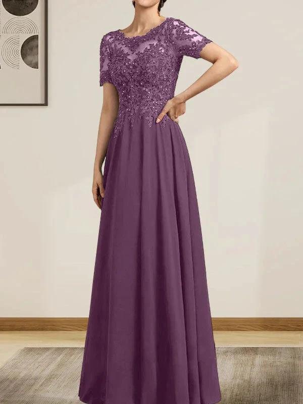 A-line Scoop Illusion Floor-Length Chiffon Lace Mother of the Bride Dress With Sequins Beading by Dreamylily