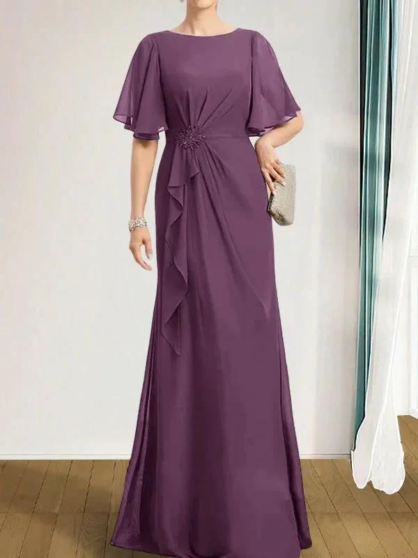 A-line Scoop Floor-Length Chiffon Mother of the Bride Dress With Cascading Ruffles Beading Sequins by Dreamylily
