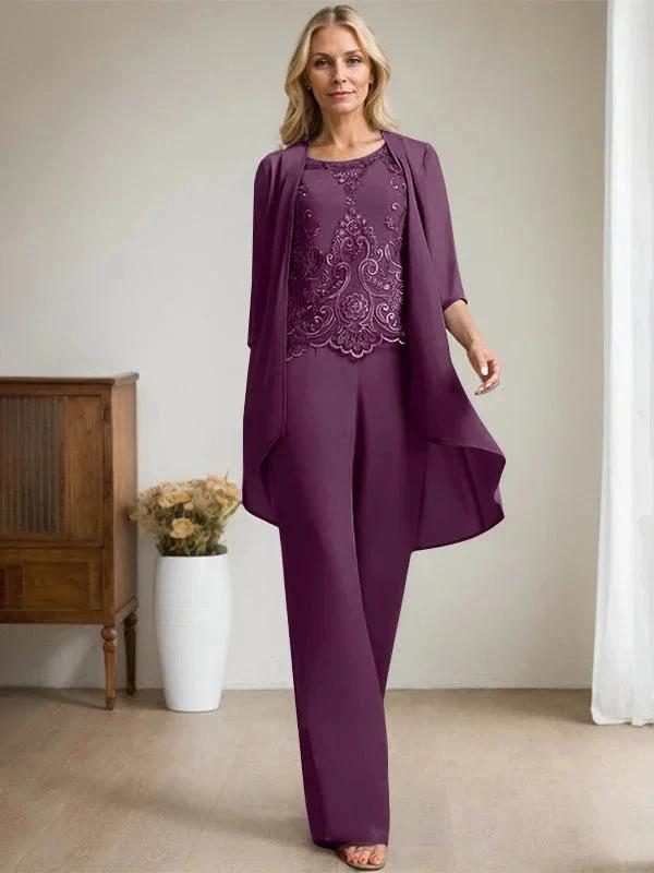 Separates Jumpsuit/Pantsuit Scoop Floor-Length Chiffon Lace Mother of the Bride Dress With Beading Sequins by Dreamylily
