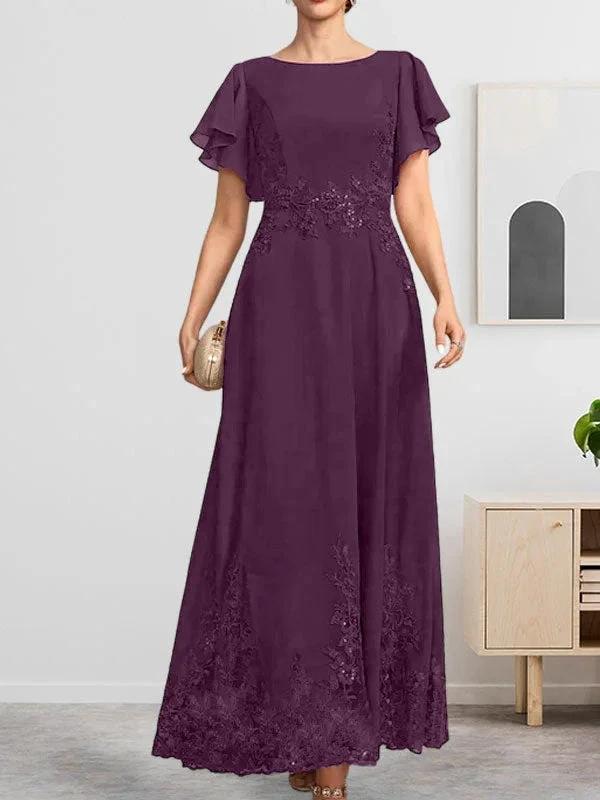 A-line Scoop Ankle-Length Lace Chiffon Mother of the Bride Dress With Sequins by Dreamylily
