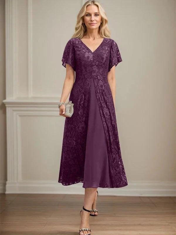 A-line V-Neck Tea-Length Lace Chiffon Mother of the Bride Dress by Dreamylily