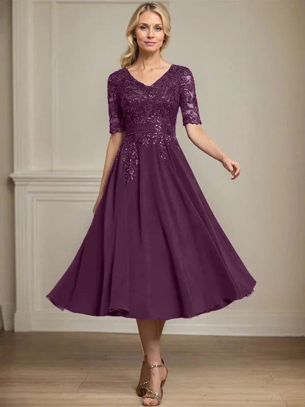 A-line V-Neck Tea-Length Lace Chiffon Mother of the Bride Dress With Sequins by Dreamylily
