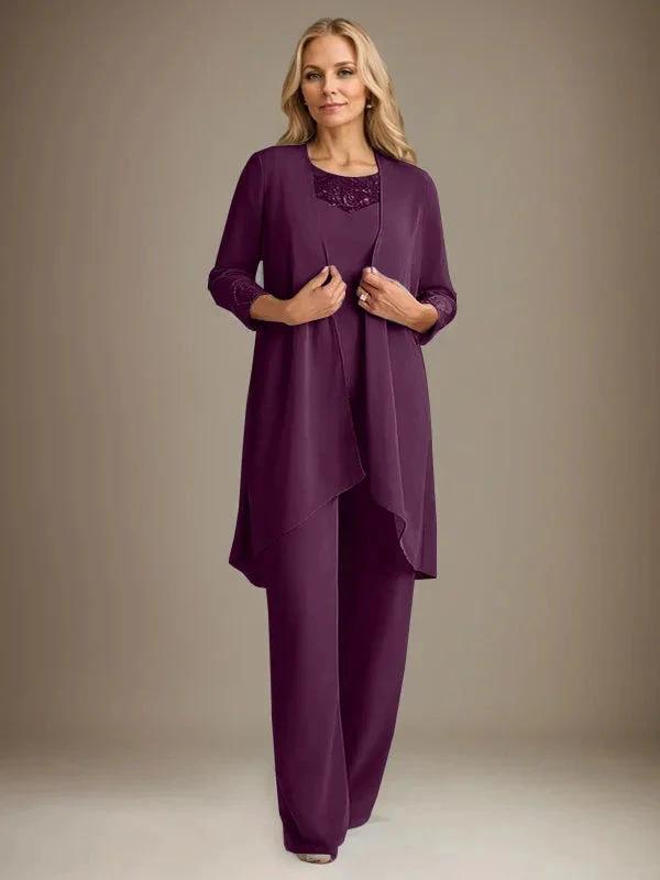 Chiffon Scoop Long Sleeves Mother Of The Bride Pantsuits With Jacket by Dreamylily
