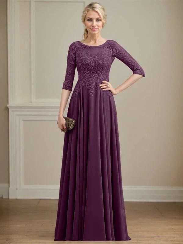 A-line Scoop Illusion Floor-Length Lace Chiffon Mother of the Bride Dress With Sequins by Dreamylily