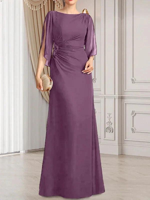 Sheath/Column Scoop Floor-Length Chiffon Mother of the Bride Dress With Pleated Beading by Dreamylily