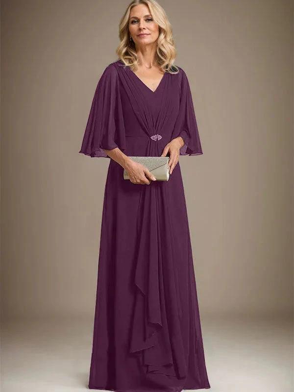 A-line V-Neck Floor-Length Chiffon Mother of the Bride Dress With Cascading Ruffles Crystal Brooch by Dreamylily