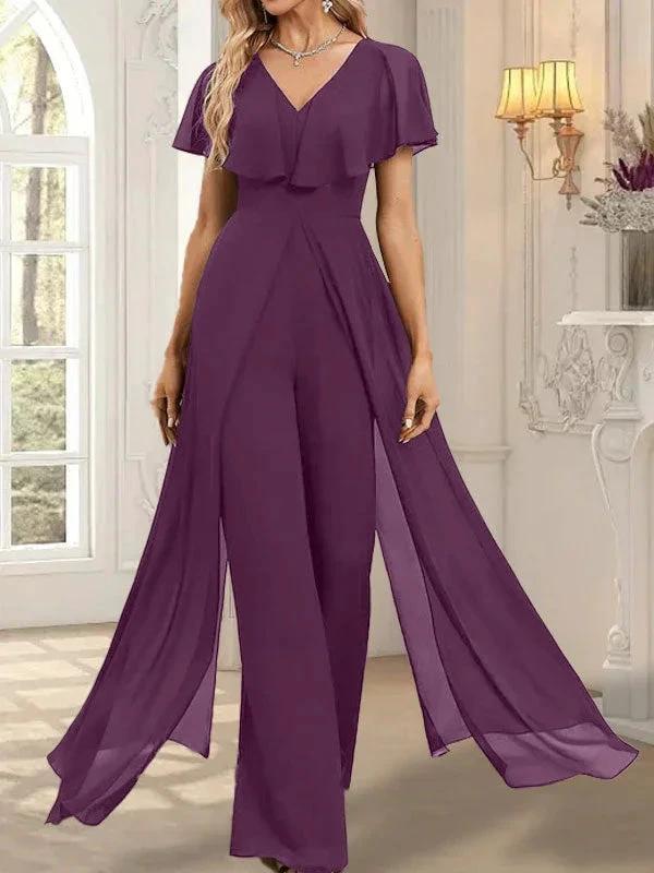 Jumpsuit/Pantsuit V-Neck Floor-Length Chiffon Evening Dress by Dreamylily