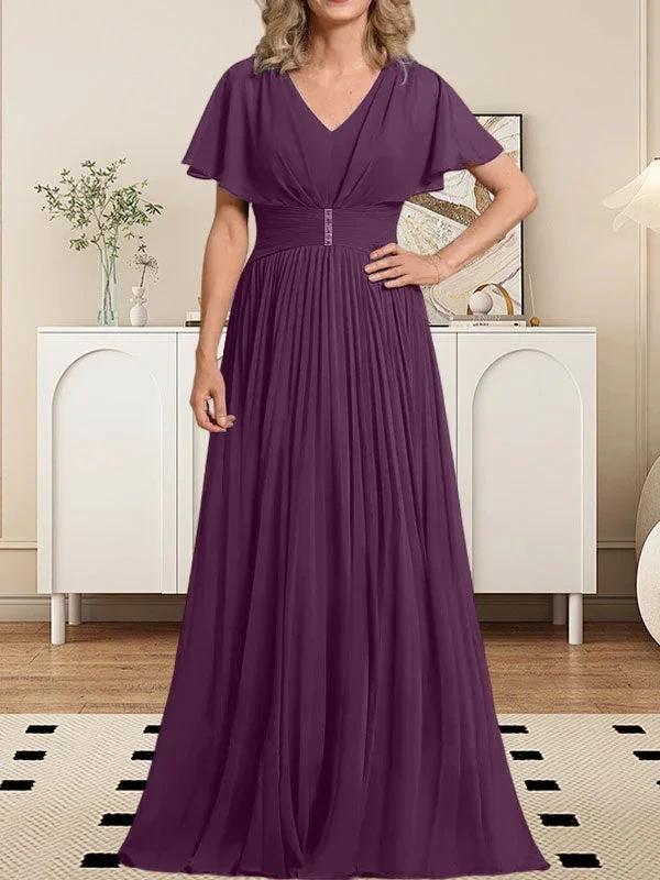 A-line V-Neck Floor-Length Chiffon Mother of the Bride Dress With Crystal Brooch Pleated by Dreamylily