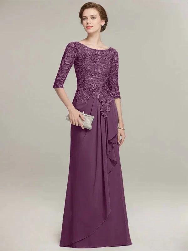 A-line Scoop Illusion Floor-Length Lace Chiffon Mother of the Bride Dress With Cascading Ruffles by Dreamylily