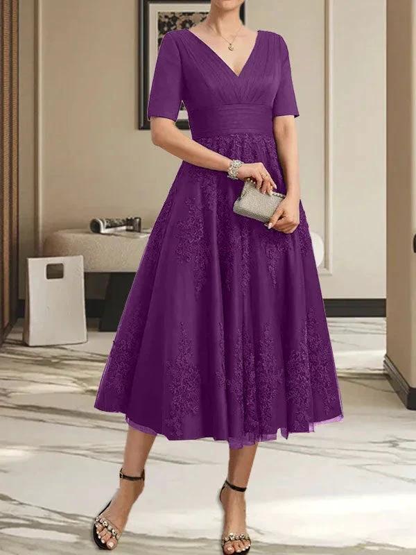 A-line V-Neck Tea-Length Tulle Lace Mother of the Bride Dress With Pleated by Dreamylily