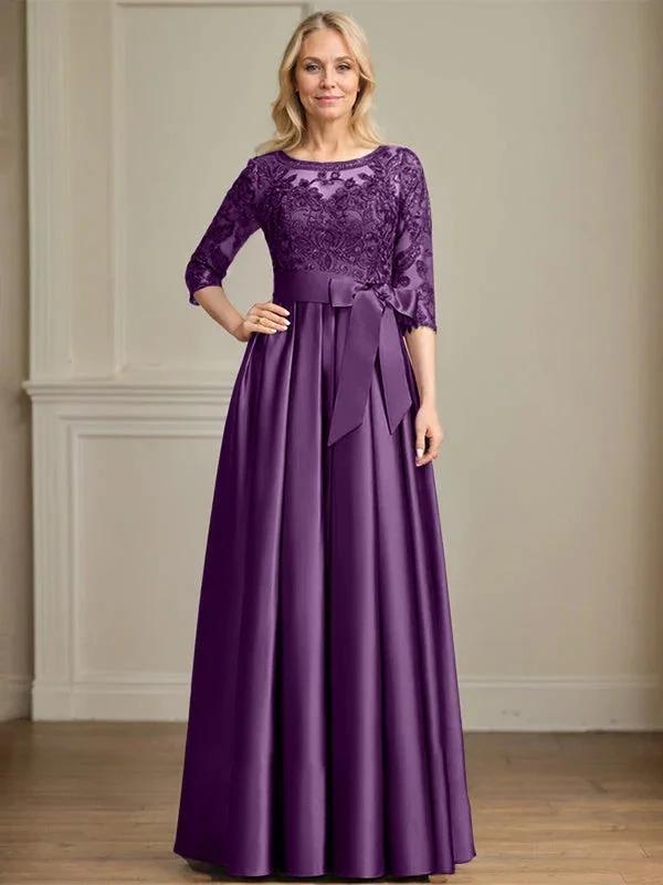 A-line Scoop Illusion Floor-Length Satin Lace Mother of the Bride Dress With Sequins Bow by Dreamylily