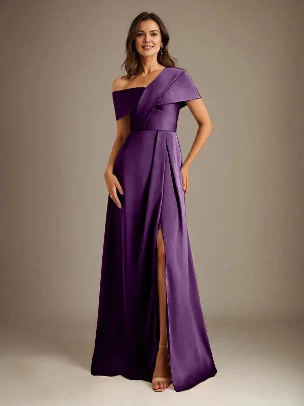 A-Line Asymmetrical Neckline Floor-Length Satin Mother of the Bride Dress With Pleated by Dreamylily
