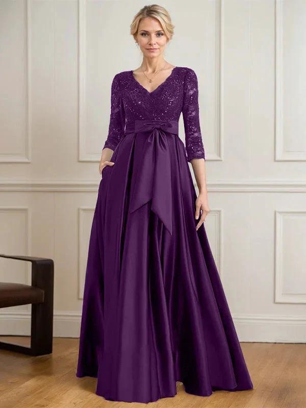 A-line V-Neck Floor-Length Satin Lace Mother of the Bride Dress With Sequins Bow by Dreamylily