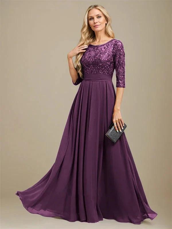 A-Line Scoop Floor-Length Lace Chiffon Mother Of the Bride Dress With Sequins Applique by Dreamylily