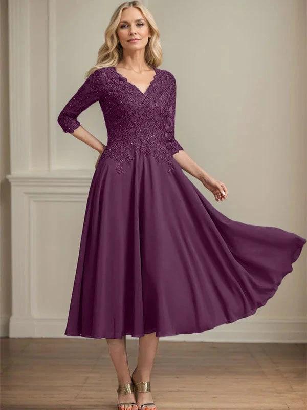 A-line V-Neck Tea-Length Chiffon Lace Mother of the Bride Dress With Beading Sequins by Dreamylily