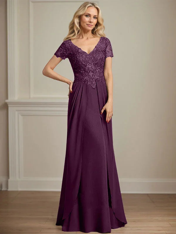 A-line V-Neck Floor-Length Chiffon Lace Mother of the Bride Dress by Dreamylily