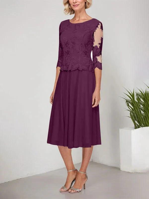 A-line Scoop Tea-Length Lace Chiffon Mother of the Bride Dress With Embroidery by Dreamylily