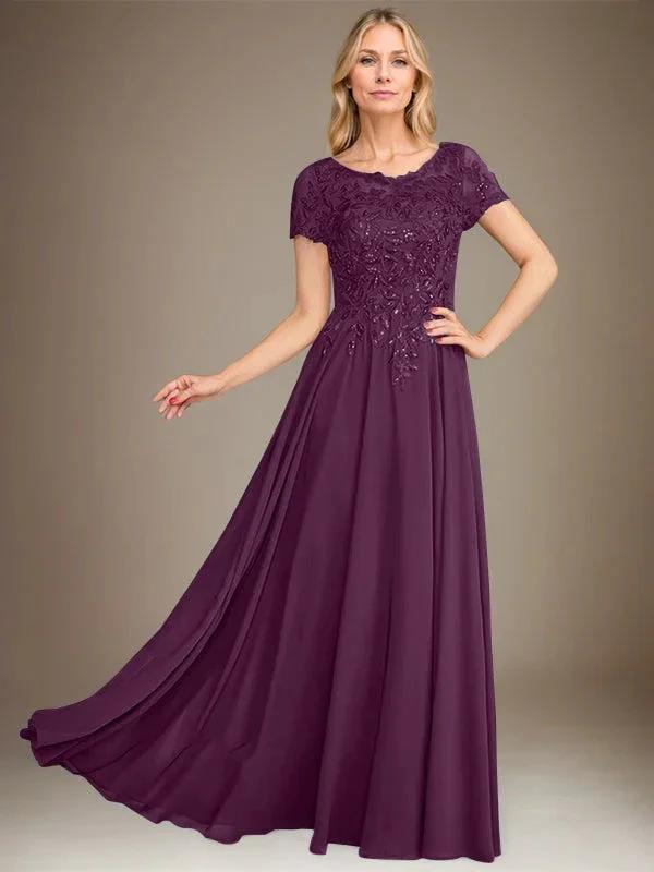A-Line Scoop Floor-Length Chiffon Mother of the Bride Dress With Applique &amp; Sequins by Dreamylily