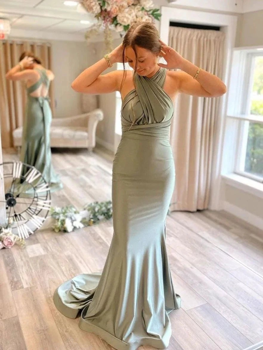 Gray Green Satin Mermaid Bridesmaid Dresses With Sweep Train BD089 by pgmdress