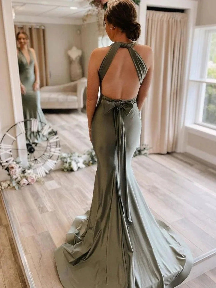 Gray Green Satin Mermaid Bridesmaid Dresses With Sweep Train BD089 by pgmdress