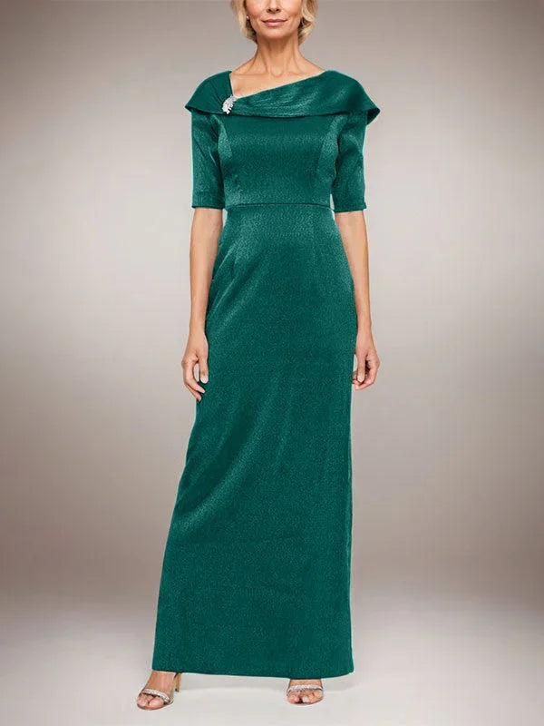 Long Shimmer Column Dress with Foldover Cuff L-Neckline and Elbow Sleeves by Dreamylily