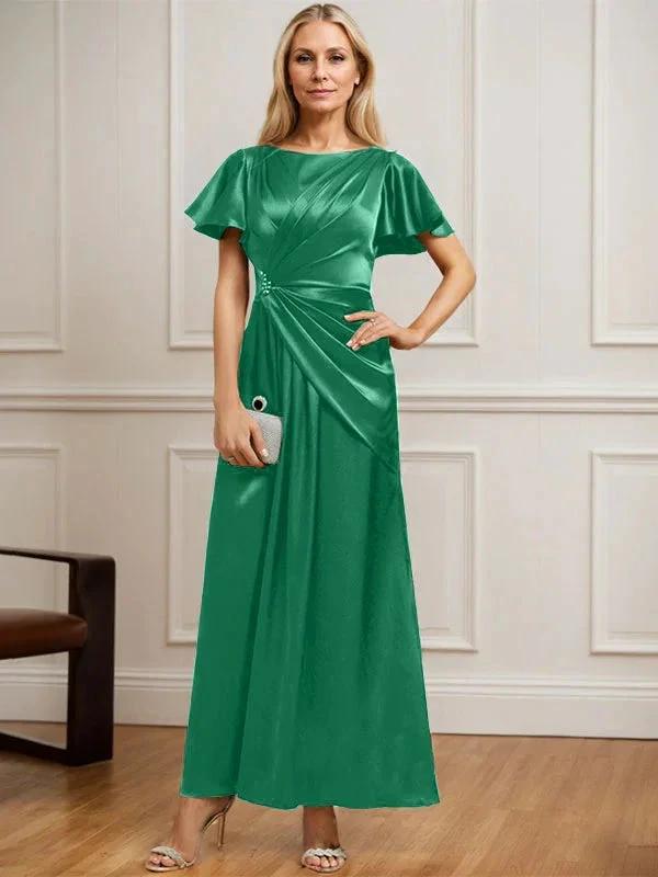A-line Scoop Ankle-Length Stretch Satin Mother of the Bride Dress With Pleated Beading by Dreamylily