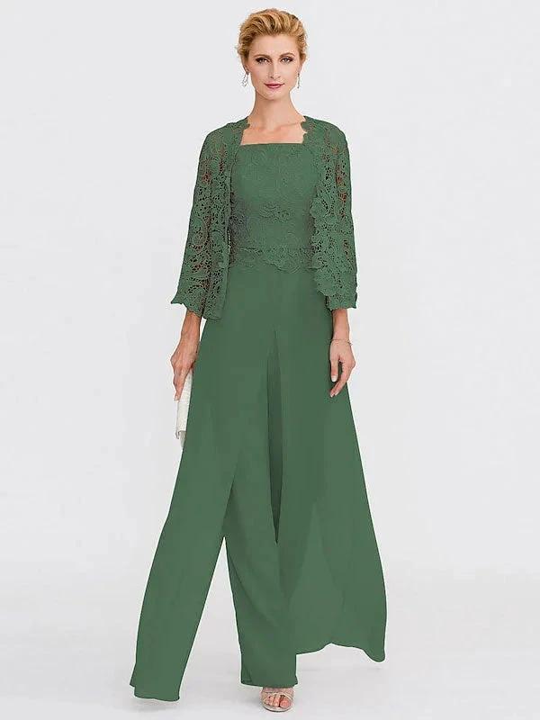 3 Piece Chiffon Square Neck Mother of the Bride Pantsuits with Jacket by Dreamylily