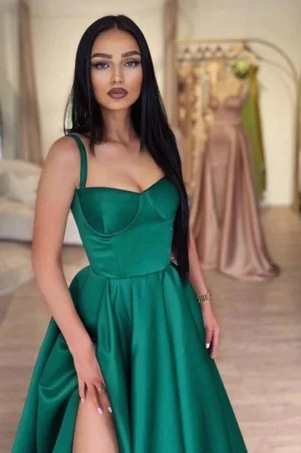 Green Shiny Elastic Satin Front Split Court Train Prom Dress by misshow.com
