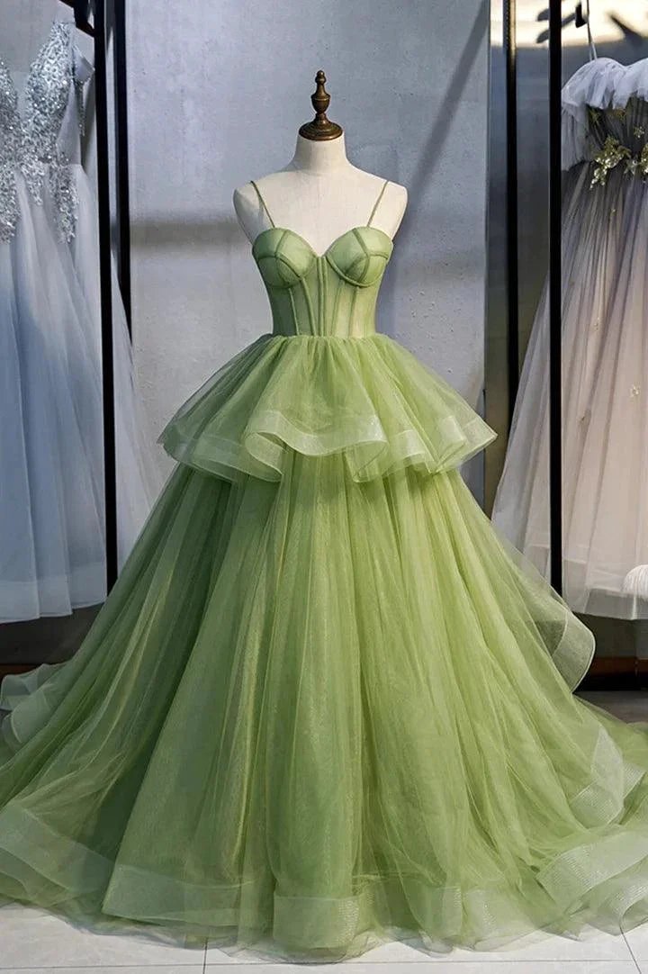 Green Tulle Long Prom Dresses A-Line Evening Dresses with Train PSK418 by pgmdress