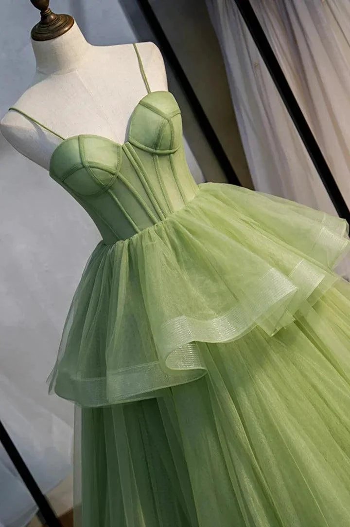 Green Tulle Long Prom Dresses A-Line Evening Dresses with Train PSK418 by pgmdress