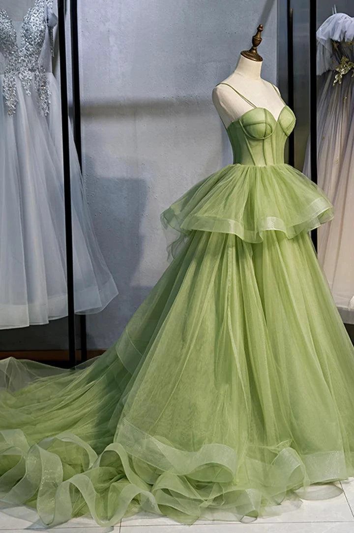 Green Tulle Long Prom Dresses A-Line Evening Dresses with Train PSK418 by pgmdress